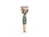 Rose gold Emerald Cut Diamond with Green Sapphire side stone Halo Twist Band Solitaire Prong Setting Ring_14