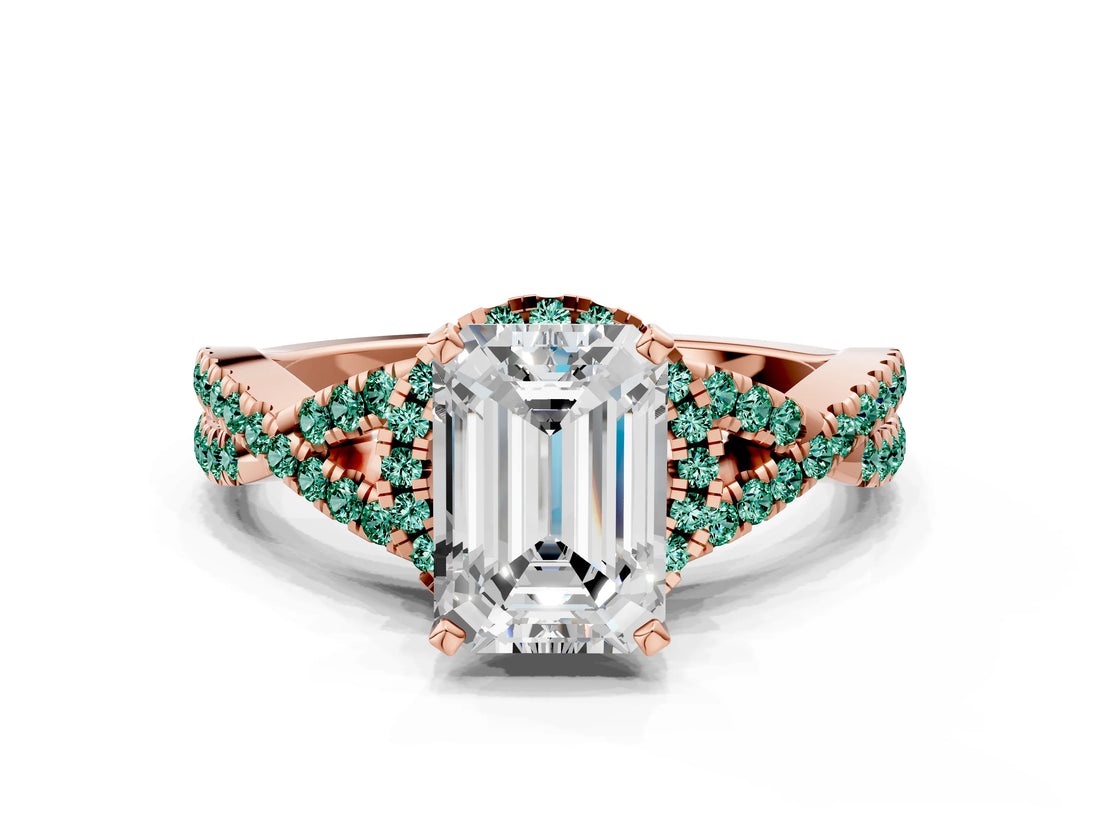 Rose gold Emerald Cut Diamond with Green Sapphire side stone Halo Twist Band Solitaire Prong Setting Ring_24