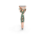 Rose gold Emerald Cut Diamond with Green Sapphire side stone Halo Twist Band Solitaire Prong Setting Ring_26