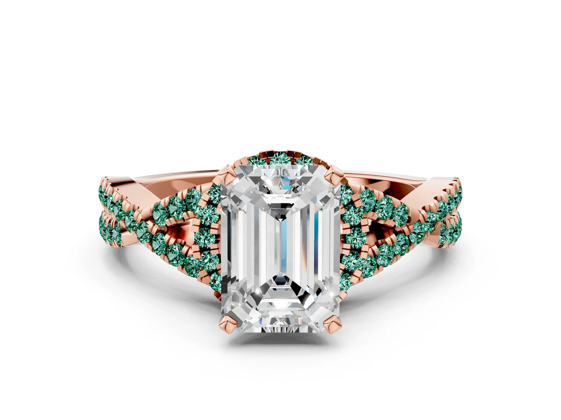 Rose gold Emerald Cut Diamond with Green Sapphire side stone Halo Twist Band Solitaire Prong Setting Ring_36