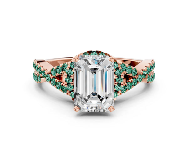 Rose gold Emerald Cut Diamond with Green Sapphire side stone Halo Twist Band Solitaire Prong Setting Ring