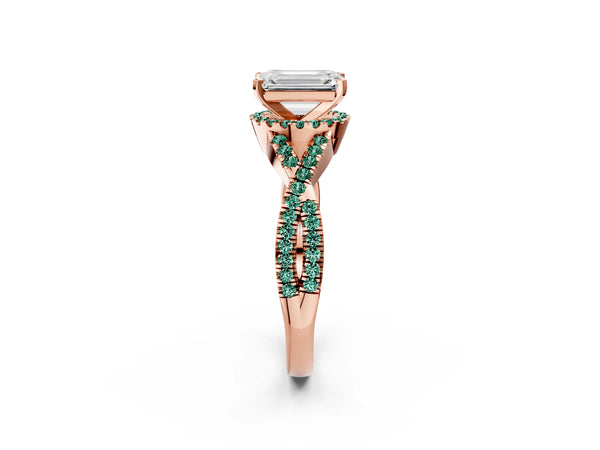 Rose gold Emerald Cut Diamond with Green Sapphire side stone Halo Twist Band Solitaire Prong Setting Ring