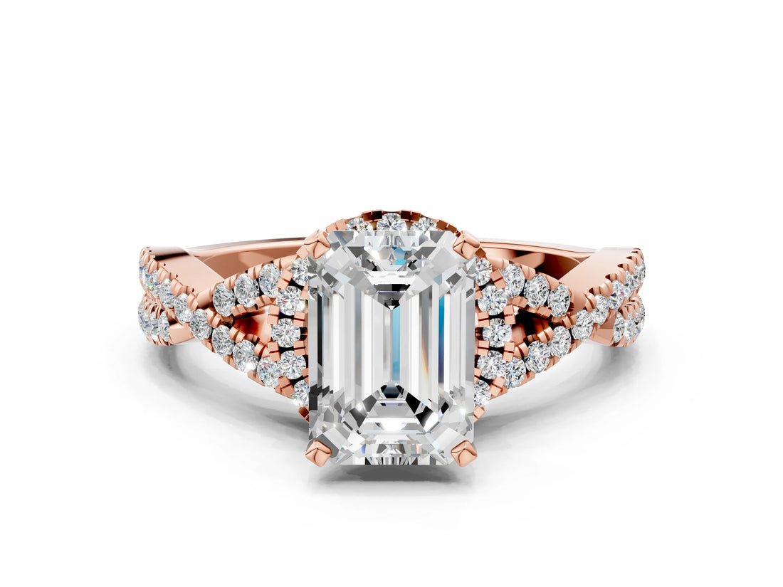 Rose gold Emerald Cut Diamond with Moissanite side stone Halo Twist Band Solitaire Prong Setting Ring_12