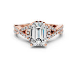 Rose gold Emerald Cut Diamond with Moissanite side stone Halo Twist Band Solitaire Prong Setting Ring_12