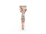 Rose gold Emerald Cut Diamond with Moissanite side stone Halo Twist Band Solitaire Prong Setting Ring_14