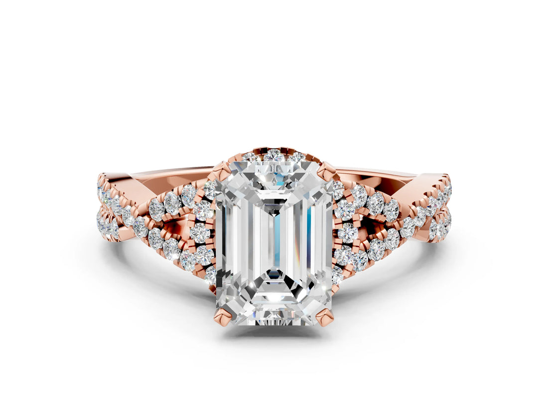 Rose gold Emerald Cut Diamond with Moissanite side stone Halo Twist Band Solitaire Prong Setting Ring_24