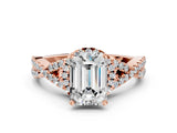 Rose gold Emerald Cut Diamond with Moissanite side stone Halo Twist Band Solitaire Prong Setting Ring_24