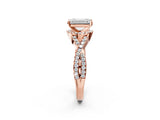 Rose gold Emerald Cut Diamond with Moissanite side stone Halo Twist Band Solitaire Prong Setting Ring_26