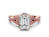 Rose gold Emerald Cut Diamond with Morganite side stone Halo Twist Band Solitaire Prong Setting Ring_12