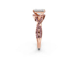 Rose gold Emerald Cut Diamond with Morganite side stone Halo Twist Band Solitaire Prong Setting Ring_14