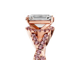 Rose gold Emerald Cut Diamond with Morganite side stone Halo Twist Band Solitaire Prong Setting Ring_17
