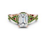 Rose gold Emerald Cut Diamond with Peridot side stone Halo Twist Band Solitaire Prong Setting Ring_12