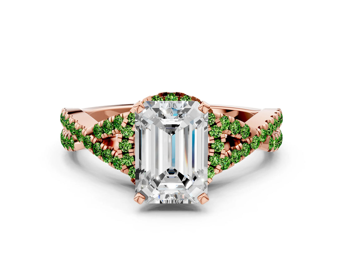 Rose gold Emerald Cut Diamond with Peridot side stone Halo Twist Band Solitaire Prong Setting Ring_24