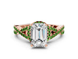 Rose gold Emerald Cut Diamond with Peridot side stone Halo Twist Band Solitaire Prong Setting Ring_24