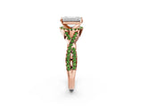 Rose gold Emerald Cut Diamond with Peridot side stone Halo Twist Band Solitaire Prong Setting Ring_26