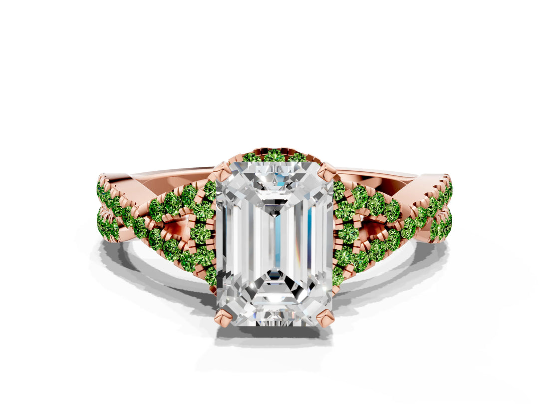 Rose gold Emerald Cut Diamond with Peridot side stone Halo Twist Band Solitaire Prong Setting Ring_36