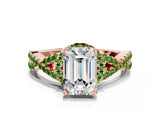 Rose gold Emerald Cut Diamond with Peridot side stone Halo Twist Band Solitaire Prong Setting Ring_36
