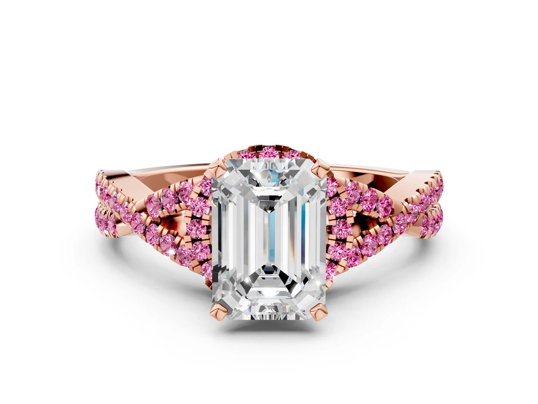 Rose gold Emerald Cut Diamond with Pink Sapphire side stone Halo Twist Band Solitaire Prong Setting Ring_24