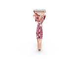 Rose gold Emerald Cut Diamond with Pink Sapphire side stone Halo Twist Band Solitaire Prong Setting Ring_26