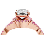 Rose gold Emerald Cut Diamond with Pink Sapphire side stone Halo Twist Band Solitaire Prong Setting Ring_28