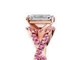 Rose gold Emerald Cut Diamond with Pink Sapphire side stone Halo Twist Band Solitaire Prong Setting Ring_29