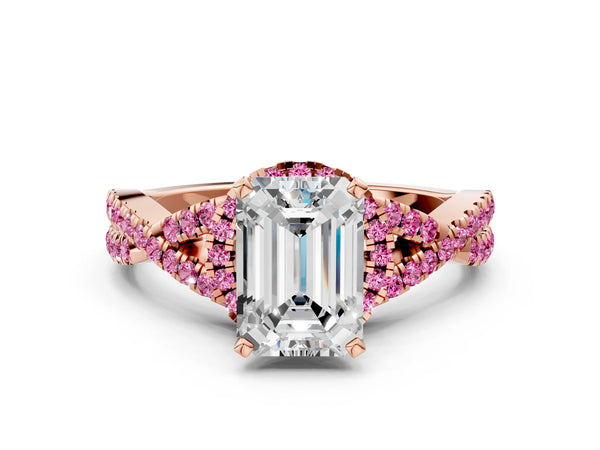 Rose gold Emerald Cut Diamond with Pink Sapphire side stone Halo Twist Band Solitaire Prong Setting Ring