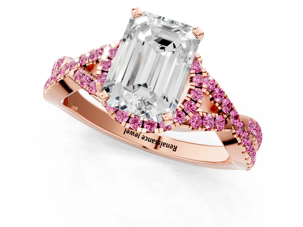 Rose gold Emerald Cut Diamond with Pink Sapphire side stone Halo Twist Band Solitaire Prong Setting Ring