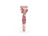 Rose gold Emerald Cut Diamond with Pink Sapphire side stone Halo Twist Band Solitaire Prong Setting Ring_38