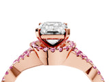 Rose gold Emerald Cut Diamond with Pink Sapphire side stone Halo Twist Band Solitaire Prong Setting Ring_40