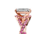 Rose gold Emerald Cut Diamond with Pink Sapphire side stone Halo Twist Band Solitaire Prong Setting Ring_41