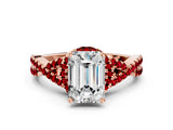 Rose gold Emerald Cut Diamond with Ruby side stone Halo Twist Band Solitaire Prong Setting Ring_24
