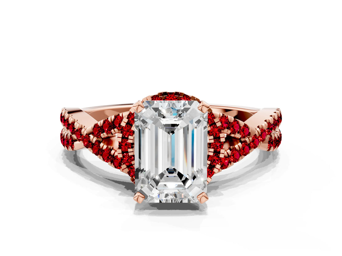 Rose gold Emerald Cut Diamond with Ruby side stone Halo Twist Band Solitaire Prong Setting Ring_36