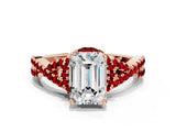 Rose gold Emerald Cut Diamond with Ruby side stone Halo Twist Band Solitaire Prong Setting Ring_36
