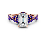 Rose gold Emerald Cut Diamond with Tanzanite side stone Halo Twist Band Solitaire Prong Setting Ring_12