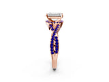 Rose gold Emerald Cut Diamond with Tanzanite side stone Halo Twist Band Solitaire Prong Setting Ring_14