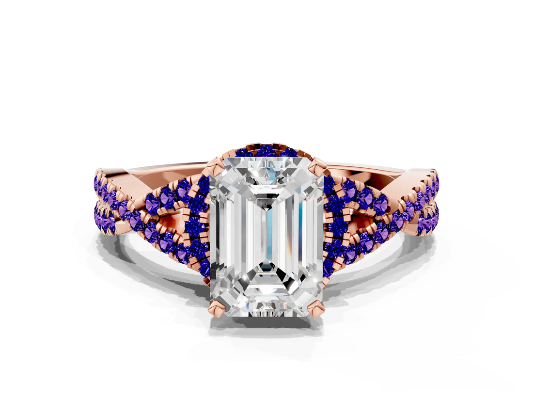 Rose gold Emerald Cut Diamond with Tanzanite side stone Halo Twist Band Solitaire Prong Setting Ring_24