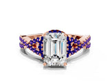Rose gold Emerald Cut Diamond with Tanzanite side stone Halo Twist Band Solitaire Prong Setting Ring_24