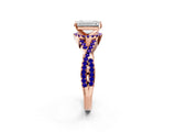 Rose gold Emerald Cut Diamond with Tanzanite side stone Halo Twist Band Solitaire Prong Setting Ring_26