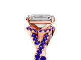 Rose gold Emerald Cut Diamond with Tanzanite side stone Halo Twist Band Solitaire Prong Setting Ring_29