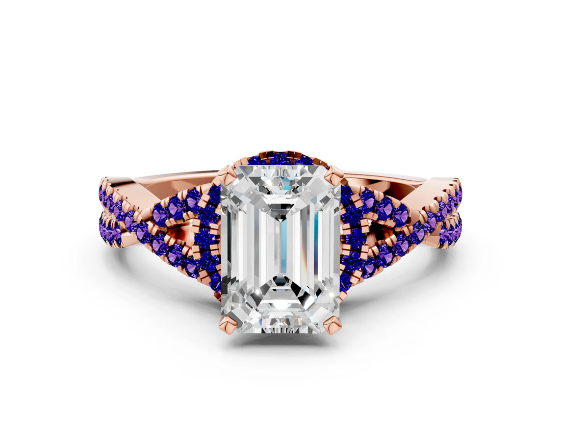 Rose gold Emerald Cut Diamond with Tanzanite side stone Halo Twist Band Solitaire Prong Setting Ring_36