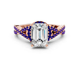 Rose gold Emerald Cut Diamond with Tanzanite side stone Halo Twist Band Solitaire Prong Setting Ring_36