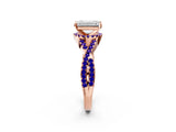 Rose gold Emerald Cut Diamond with Tanzanite side stone Halo Twist Band Solitaire Prong Setting Ring_38