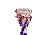 Rose gold Emerald Cut Diamond with Tanzanite side stone Halo Twist Band Solitaire Prong Setting Ring_41
