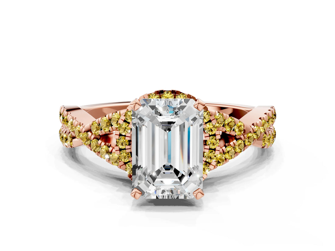 Rose gold Emerald Cut Diamond with Yellow Sapphire side stone Halo Twist Band Solitaire Prong Setting Ring_12