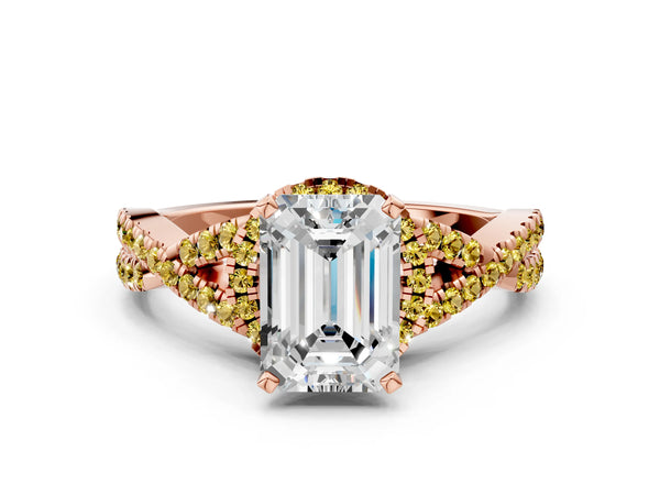 Rose gold Emerald Cut Diamond with Yellow Sapphire side stone Halo Twist Band Solitaire Prong Setting Ring