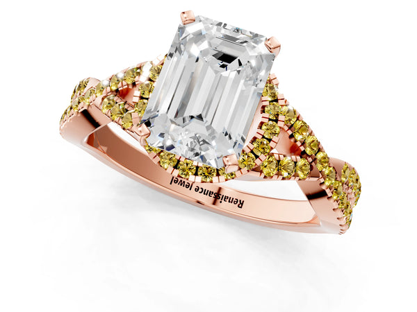 Rose gold Emerald Cut Diamond with Yellow Sapphire side stone Halo Twist Band Solitaire Prong Setting Ring