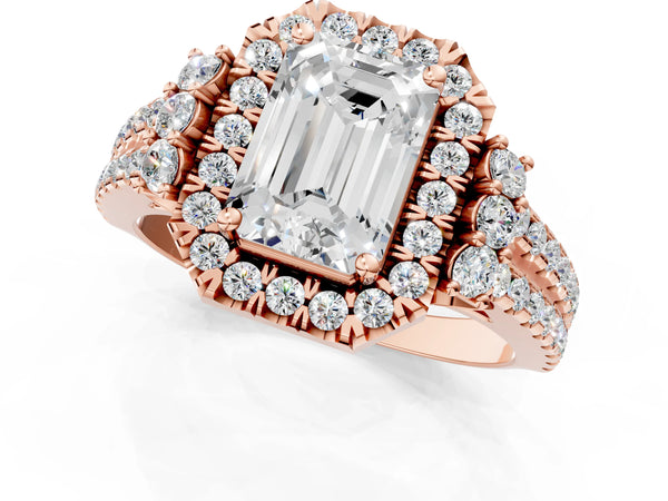 Rose gold Emerald Cut Double Halo Diamond Engagement Ring with Pave Band and Four-Prong Setting