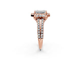 Rose gold Emerald Cut Double Halo Diamond Engagement Ring with Pave Band and Four-Prong Setting 2