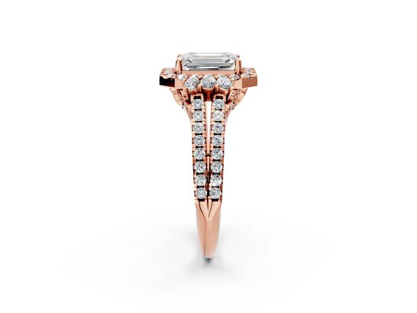 Rose gold Emerald Cut Double Halo Diamond Engagement Ring with Pave Band and Four-Prong Setting