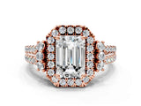 Rose gold Emerald Cut Double Halo Diamond Engagement Ring with Pave Band and Four-Prong Setting